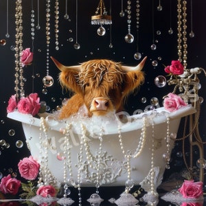Highland Cow Bathtub Downloadable digital PNG art. Scottish Highland Cow in bath.  Highland Cow Clipart.