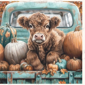 Highland Cow PNG fall vintage pickup truck fall autumn pumpkins, clipart instant digital download.