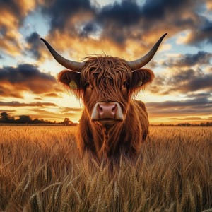 May include: A brown Highland cow with long, shaggy hair stands in a field of tall grass. The sky behind the cow is a vibrant orange and pink sunset.
