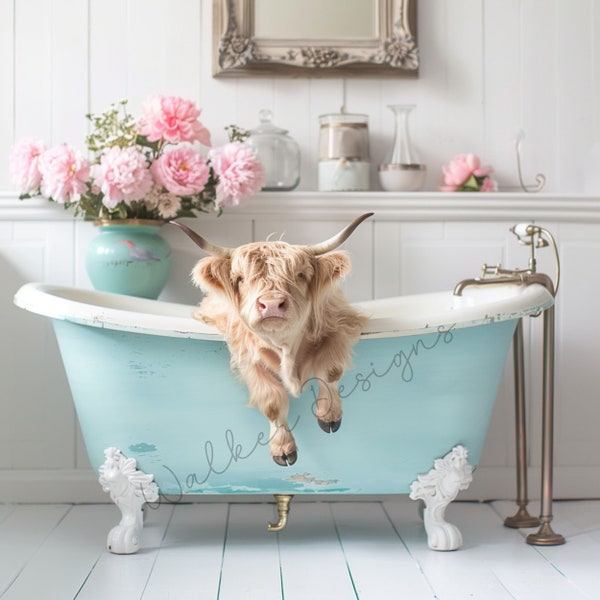 Highland Cow Bathtub Downloadable digital PNG art. Scottish Highland Cow in bath.  Highland Cow Clipart, Bathroom downloadable art print.