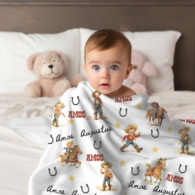Personalized Little Cowboy Baby Blanket Farm Baby Theme Nursery. Jersey