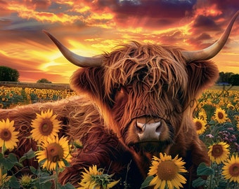 Highland Cow, Sunflower Field Sunset - 8x10 PNG Art (Digital Download)