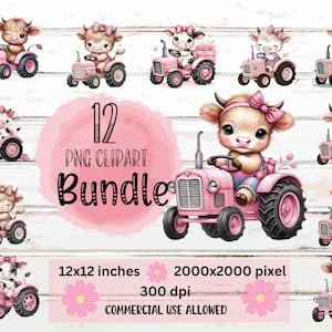 ピンクのトラクターとかわいい子牛のクリップアートバンドルPNGデジタルダウンロード（昇華転写、ベビーシャワー招待状、アートなど）12ファイル