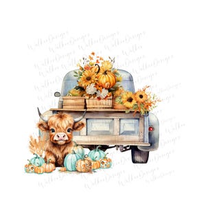 Highland Cow PNG fall vintage pickup truck fall autumn pumpkins, sunflowers clipart instant digital download.