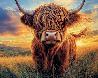 May include: A digital painting of a Highland cow in a field of tall grass at sunset. The cow has long, shaggy, reddish-brown fur, large horns, and a pink nose. The sky is a mix of blue, orange, and yellow.