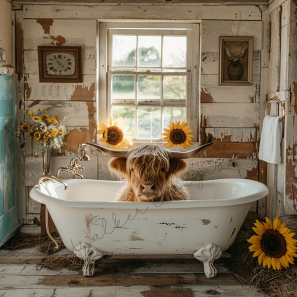 Highland Cow Bathtub Downloadable digital PNG art. Scottish Highland Cow in bath with Sunflowers.  Clipart, Bathroom downloadable art print.
