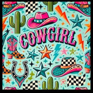 Retro Western PNG Digital Download Scrapbook Paper, Commercial Use, Vintage cowgirl print.