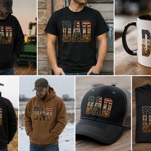 Puede incluir: Una colecci&oacute;n de ropa y accesorios con la palabra "DAD" en un dise&ntilde;o patri&oacute;tico. Los art&iacute;culos incluyen una sudadera con capucha negra, una camiseta negra, una taza, una gorra de b&eacute;isbol y una sudadera con capucha marr&oacute;n. El dise&ntilde;o incorpora la bandera estadounidense e im&aacute;genes agr&iacute;colas.