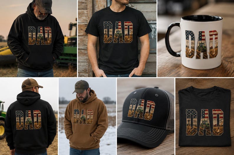Puede incluir: Una colecci&oacute;n de ropa y accesorios con la palabra "DAD" en un dise&ntilde;o patri&oacute;tico. Los art&iacute;culos incluyen una sudadera con capucha negra, una camiseta negra, una taza, una gorra de b&eacute;isbol y una sudadera con capucha marr&oacute;n. El dise&ntilde;o incorpora la bandera estadounidense e im&aacute;genes agr&iacute;colas.