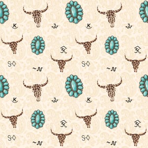 May include: A repeating pattern featuring turquoise-colored oval-shaped gemstones, leopard print bull skulls, and various symbols on a cream-colored paisley background. The design has a Western or Southwestern theme.