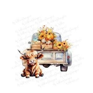 Highland Cow PNG fall vintage pickup truck fall autumn pumpkins, sunflowers clipart instant digital download.