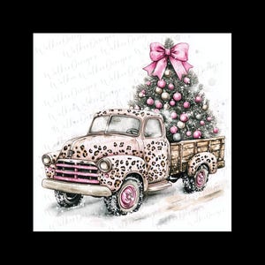 Pink Christmas Vintage Pickup leopard print PNG DIGITAL DOWNLOAD rustic western country scene great for ornament/shirt. Trendy clipart.