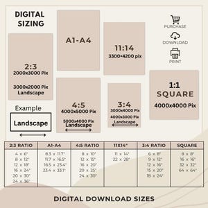 Puede incluir: Un gr&aacute;fico informativo muestra tama&ntilde;os de descarga digital y relaciones de aspecto. Incluye ejemplos de formatos 2:3, A1-A4, 4:5, 11x14, 3:4 y cuadrado, con dimensiones en p&iacute;xeles y medidas en pulgadas y cent&iacute;metros. Tambi&eacute;n se muestran iconos de compra, descarga e impresi&oacute;n.
