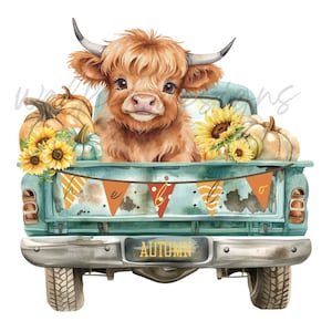 Highland Cow PNG fall vintage pickup truck fall autumn pumpkins, sunflowers clipart instant digital download.
