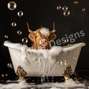 Highland Cow-badkuip downloadbare digitale png-kunst. Schotse Hooglandkoe in bad.  Hooglandkoe clipart.