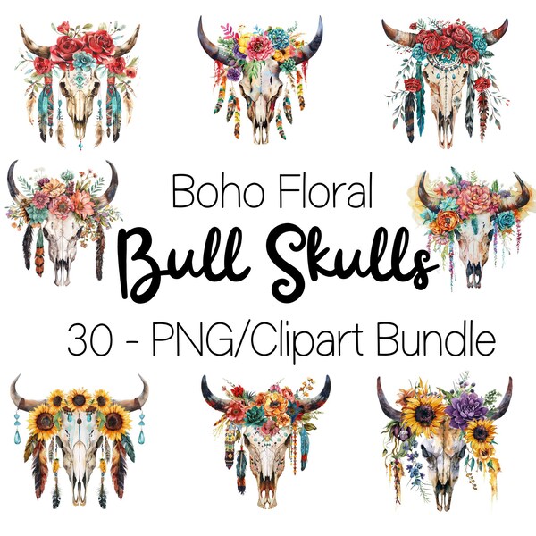 Bundle of Western Bull Skulls with flowers digital download PNG Printable Clipart, Watercolor. Aztec Boho Sunflowers Cowgirl Wild West!