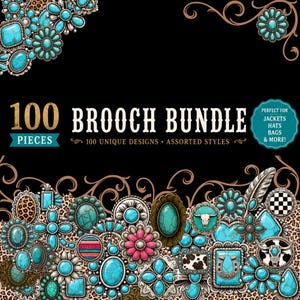 Op de afbeelding: Een set van 100 broches met turkooiskleurige stenen, bloemvormen en dierenschedelmotieven. De tekst luidt 100 BROOCH BUNDLE, 100 UNIQUE DESIGNS, ASSORTED STYLES en PERFECT FOR JACKETS HATS BAGS & MORE op een zwarte achtergrond.