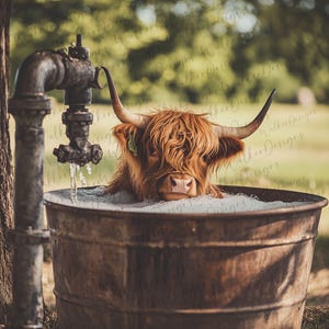 Cuve Highland Cow galvanisé Art numérique PNG téléchargeable. Vache des Highlands écossais dans la baignoire.  Clipart vache Highlander, impression d'art téléchargeable.