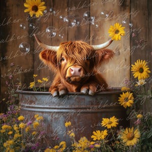 Cuve Highland Cow galvanisé Art numérique PNG téléchargeable. Vache des Highlands écossais dans la baignoire.  Highlander vache Clipart, tournesols.