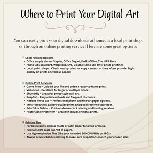 Puede incluir: Gr&aacute;fico beige con el t&iacute;tulo "D&oacute;nde imprimir tu arte digital". El texto enumera opciones para imprimir descargas digitales, incluyendo imprentas locales y servicios en l&iacute;nea como Canva Print y Vistaprint. Tambi&eacute;n se incluyen consejos de impresi&oacute;n.