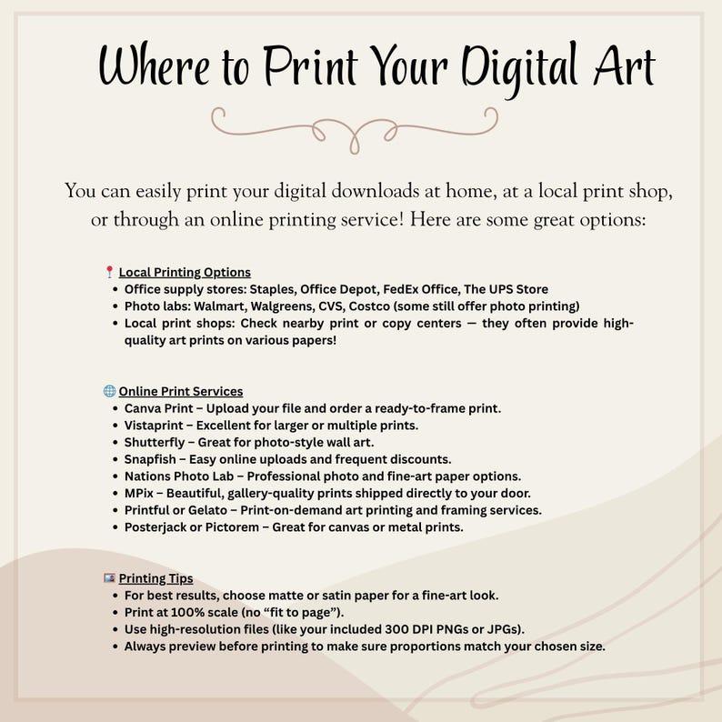 Puede incluir: Gr&aacute;fico beige con el t&iacute;tulo "D&oacute;nde imprimir tu arte digital". El texto enumera opciones para imprimir descargas digitales, incluyendo imprentas locales y servicios en l&iacute;nea como Canva Print y Vistaprint. Tambi&eacute;n se incluyen consejos de impresi&oacute;n.
