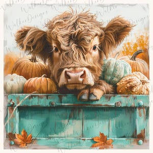 Highland Cow PNG fall vintage pickup truck fall autumn pumpkins, clipart instant digital download.