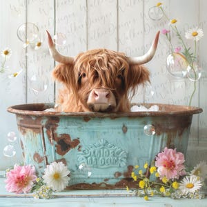Cuve Highland Cow galvanisé Art numérique PNG téléchargeable. Vache des Highlands écossais dans la baignoire.  Clipart vache Highlander, impression d'art téléchargeable.