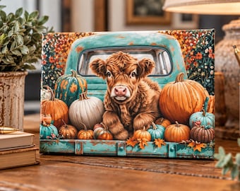 Highland Cow PNG fall vintage pickup truck fall autumn pumpkins, clipart instant digital download. Printable wall art.