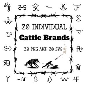 May include: A black and white graphic featuring 20 individual cattle brands. The image includes a barbed wire border, text, and illustrations of a horse, a person roping a calf, and a branding iron.