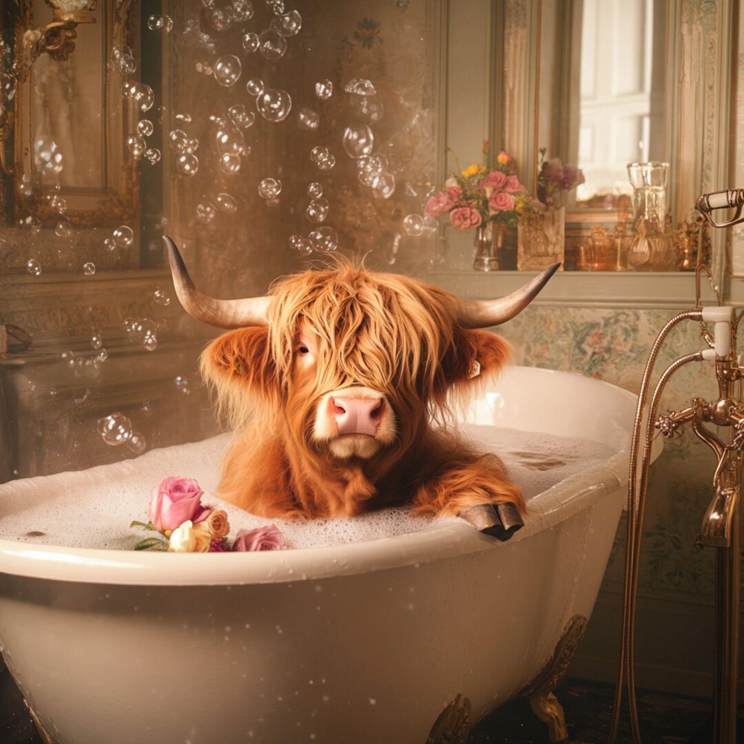 Highland Cow Bathtub Downloadable Digital PNG Art. Scottish Highland