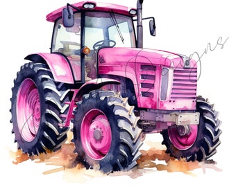 Tractor rosa con flores descarga digital PNG Clipart imprimible, acuarela.