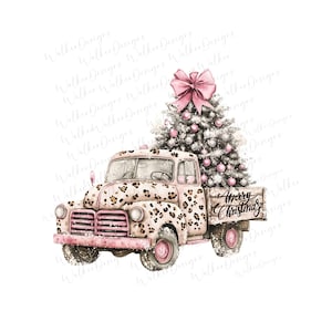 Transparent background Pink Christmas Vintage Pickup leopard print PNG DIGITAL DOWNLOAD  great for ornament/shirt. Coquette bow.