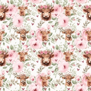 Highland Cow Baby Blanket Pattern, Floral Highland Cow Seamless Pattern, Commercial Use (Digital Paper)