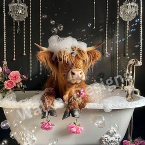 Highland Cow Bathtub Downloadable digital PNG art. Scottish Highland Cow in bath.  Highland Cow Clipart.