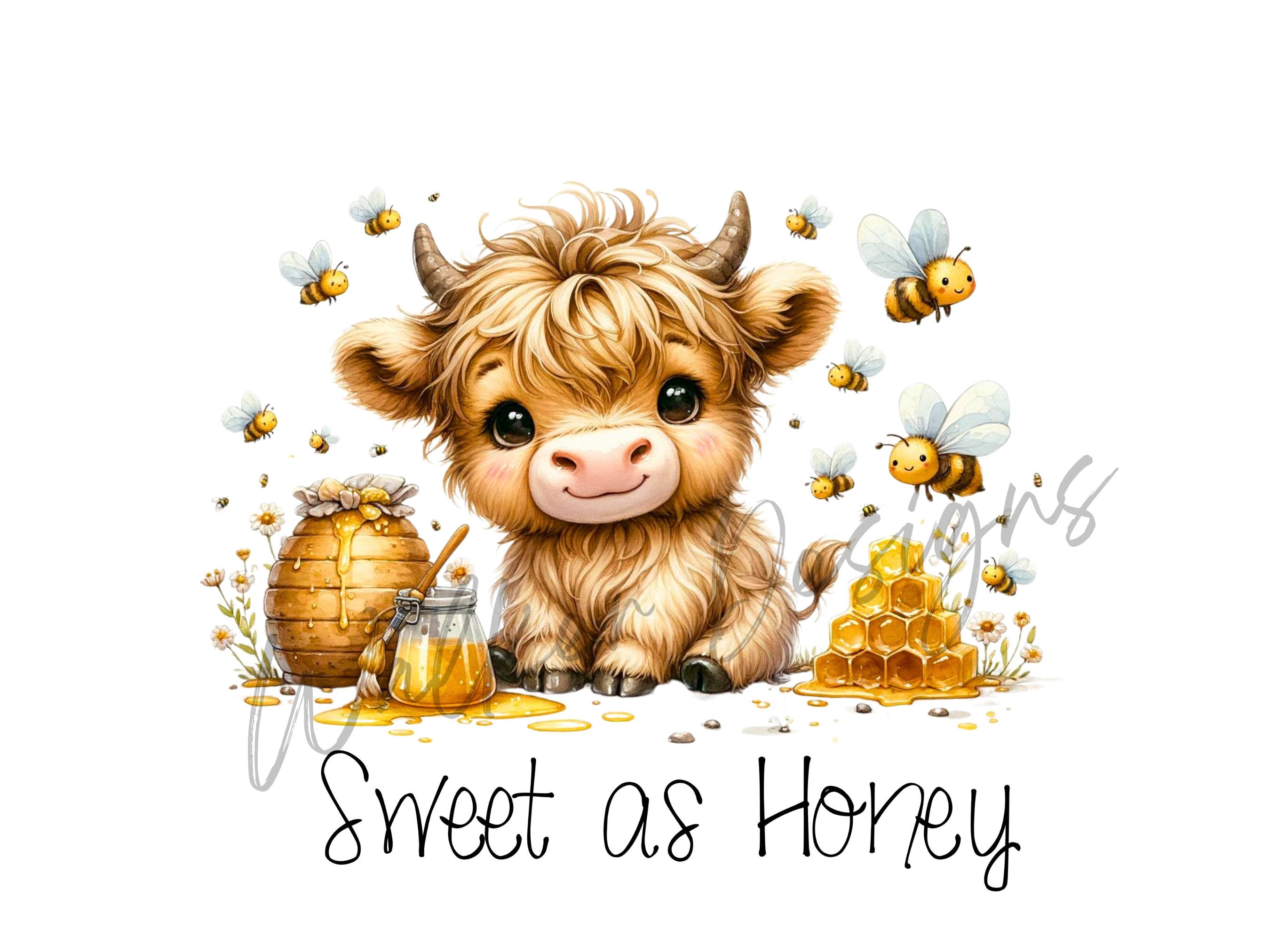 Baby Highland cow Sweet As Honey, digital download PNG clipart for Wall Art, Baby Showers, Tumblers, Nursery Decor and lots more.
