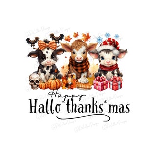 PNG file download sublimation Happy Hallothanksmas Season Halloween Thanksgiving Christmas Highlander calf calves baby cows pumpkin spice