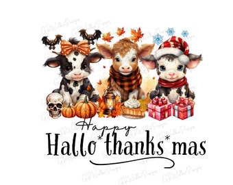 PNG file download sublimation Happy Hallothanksmas Season Halloween Thanksgiving Christmas Highlander calf calves baby cows pumpkin spice