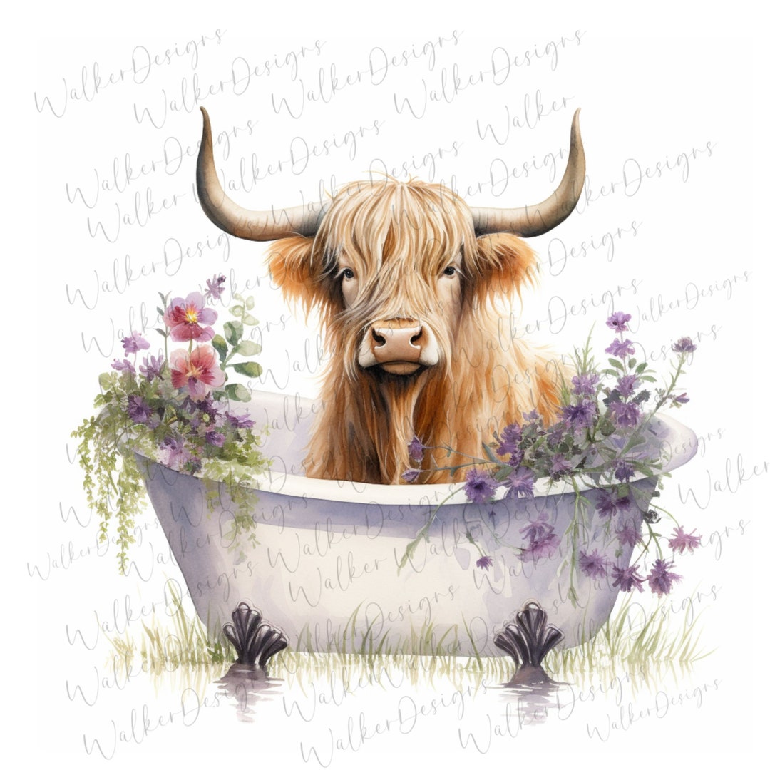 Highland Cow Bathtub Downloadable Digital PNG Art. Scottish Highland