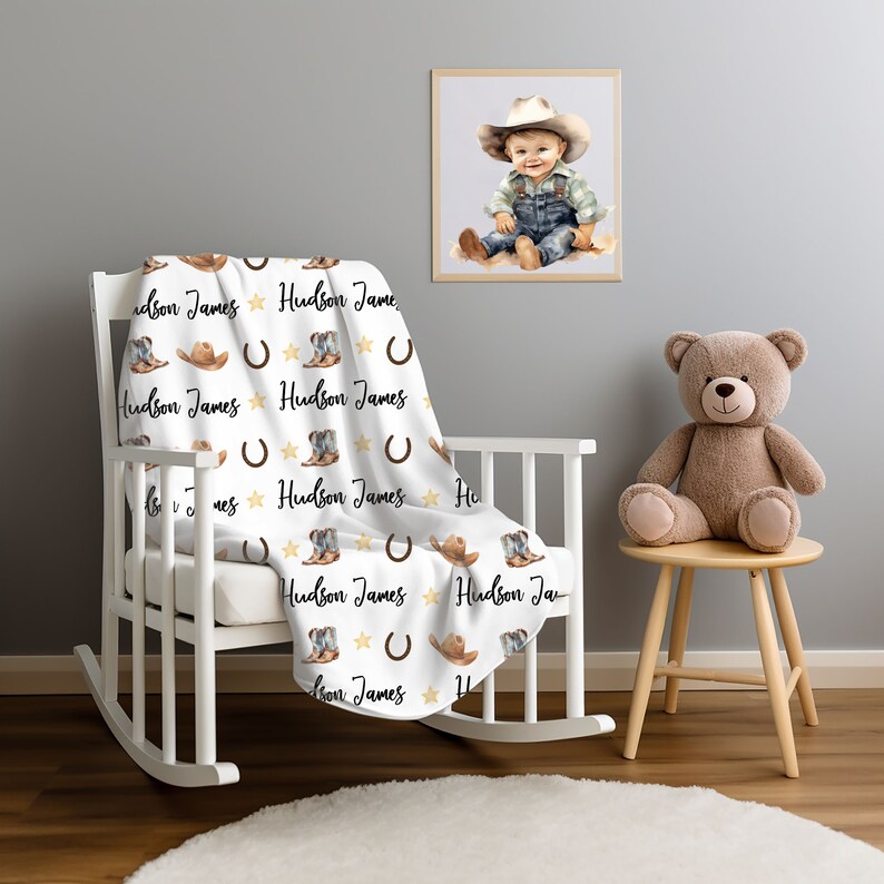 Personalized Little Cowboy Baby Blanket Farm Baby Theme Nursery. Jersey