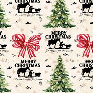 May include: A repeating pattern featuring Christmas-themed illustrations. The design includes Christmas trees, red and white striped bows, and the text "MERRY CHRISTMAS" with a silhouette of a horse and a person. The background is a light beige color.