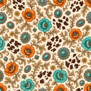 Pode incluir: Um padrão contínuo com flores laranja e turquesa, volutas douradas ornamentadas, engastes de joias com turquesas e manchas de pele de vaca castanha e branca sobre um fundo creme. O design repete elementos florais e de estilo western.