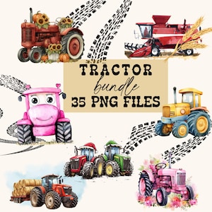 May include: A digital art bundle featuring watercolour illustrations of tractors in various colours, including red, pink, and yellow. The image includes the text "Tractor bundle 35 PNG files" and tyre track designs.