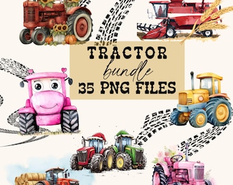 Paquete de imágenes prediseñadas de tractores, temática de cumpleaños de granja (35 PNG descargables)