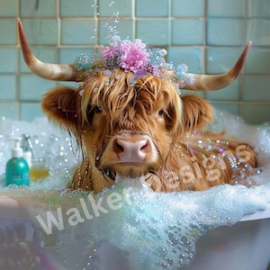 Highland Cow Bathtub Downloadable digital PNG art. Scottish Highland Cow in bath.  Highland Cow Clipart.