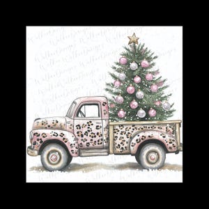 Pink Christmas Vintage Pickup leopard print PNG DIGITAL DOWNLOAD rustic western country scene great for ornament/shirt. Trendy clipart.