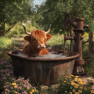Cuve Highland Cow galvanisé Art numérique PNG téléchargeable. Vache des Highlands écossais dans la baignoire.  Clipart vache Highlander, impression d'art téléchargeable.