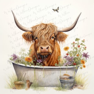 Highland Cow Bathtub Downloadable digital PNG art. Scottish Highland Cow in bath.  Highland Cow Clipart.