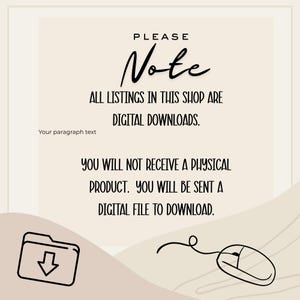 Puede incluir: Gr&aacute;fico color crema con la palabra "Note" en cursiva, seguido de texto que indica que todos los listados son descargas digitales. Incluye un icono de carpeta con una flecha hacia abajo y un icono de rat&oacute;n de ordenador.