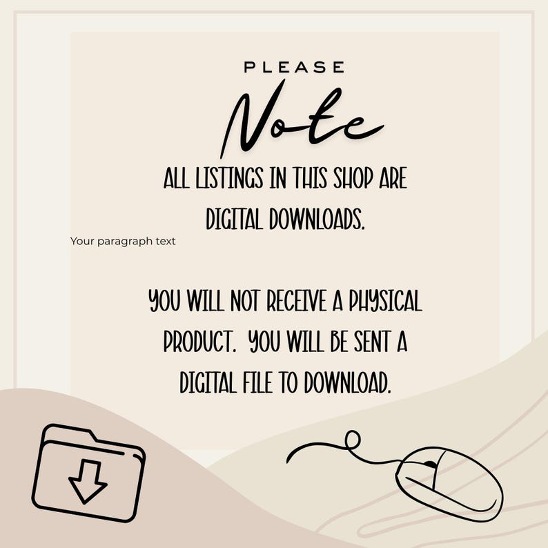Puede incluir: Gr&aacute;fico color crema con la palabra "Note" en cursiva, seguido de texto que indica que todos los listados son descargas digitales. Incluye un icono de carpeta con una flecha hacia abajo y un icono de rat&oacute;n de ordenador.