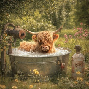 Cuve Highland Cow galvanisé Art numérique PNG téléchargeable. Vache des Highlands écossais dans la baignoire.  Clipart vache Highlander, impression d'art téléchargeable.